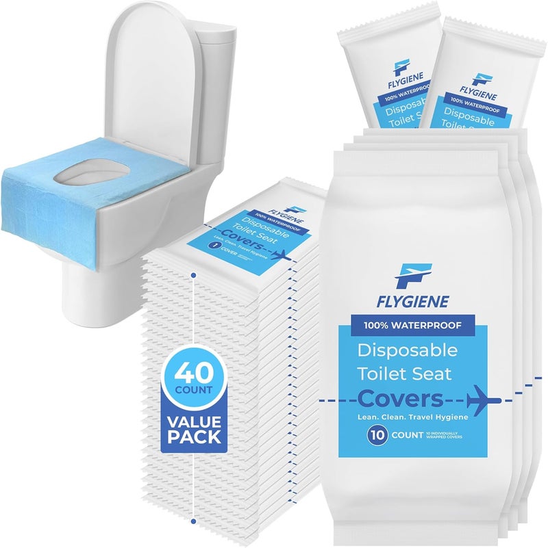 FLYGIENE Disposable Toilet Seat Covers for Travel – Waterproof, Tear-Resistant XL Toilet Liners with 2 Layers of Protection – Individually Wrapped Travel Size Toiletries - 40 Count (4 Packs of 10) - Image 1